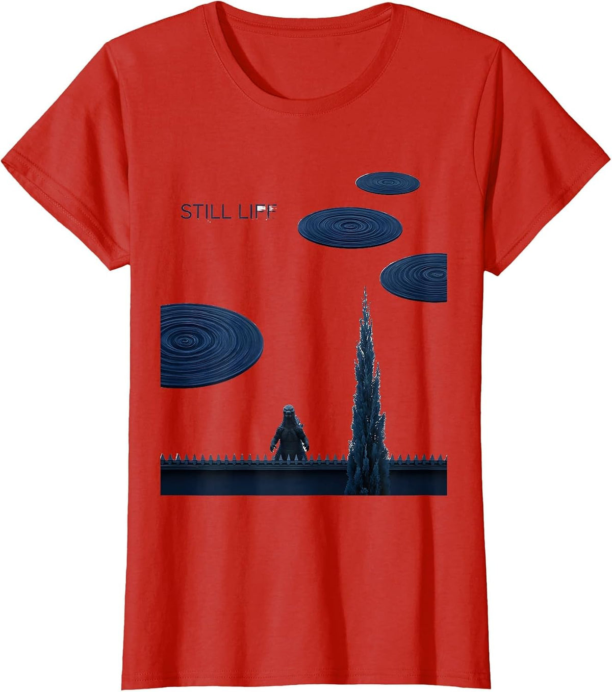 Still Life Minimalist Kaiju Van Gogh Starry Night Art Parody T-Shirt - Red