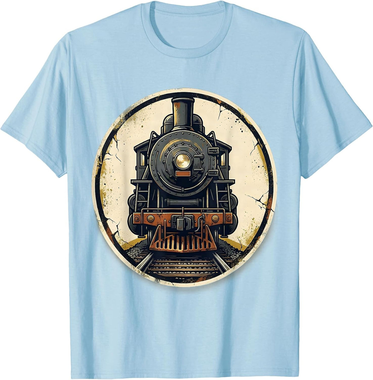 Men's Steam Locomotive Badge Distressed Train Enthusiast Gift T-Shirt - Baby Blue