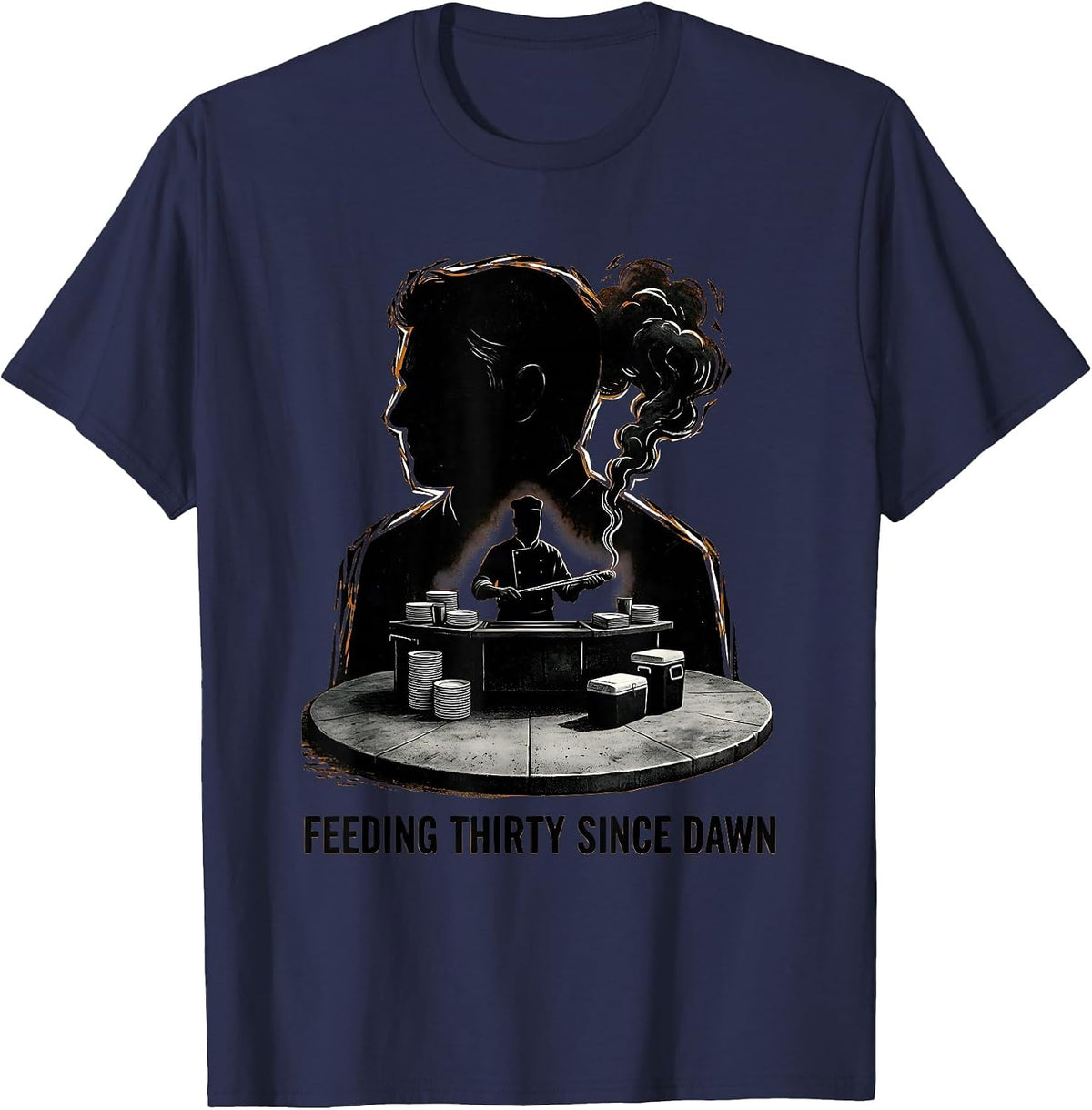 Feeding Thirty Since Dawn Funny BBQ Cookout Party T-Shirt - Navy Blue
