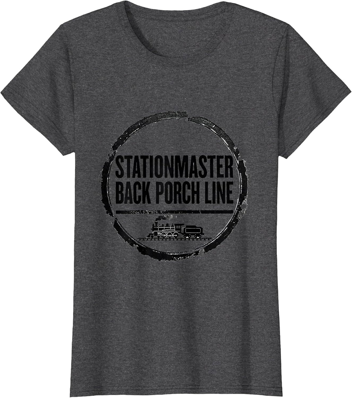 Women's Stationmaster Back Porch Line Vintage Steam Train Enthusiast T-Shirt - Dark Heather Grey