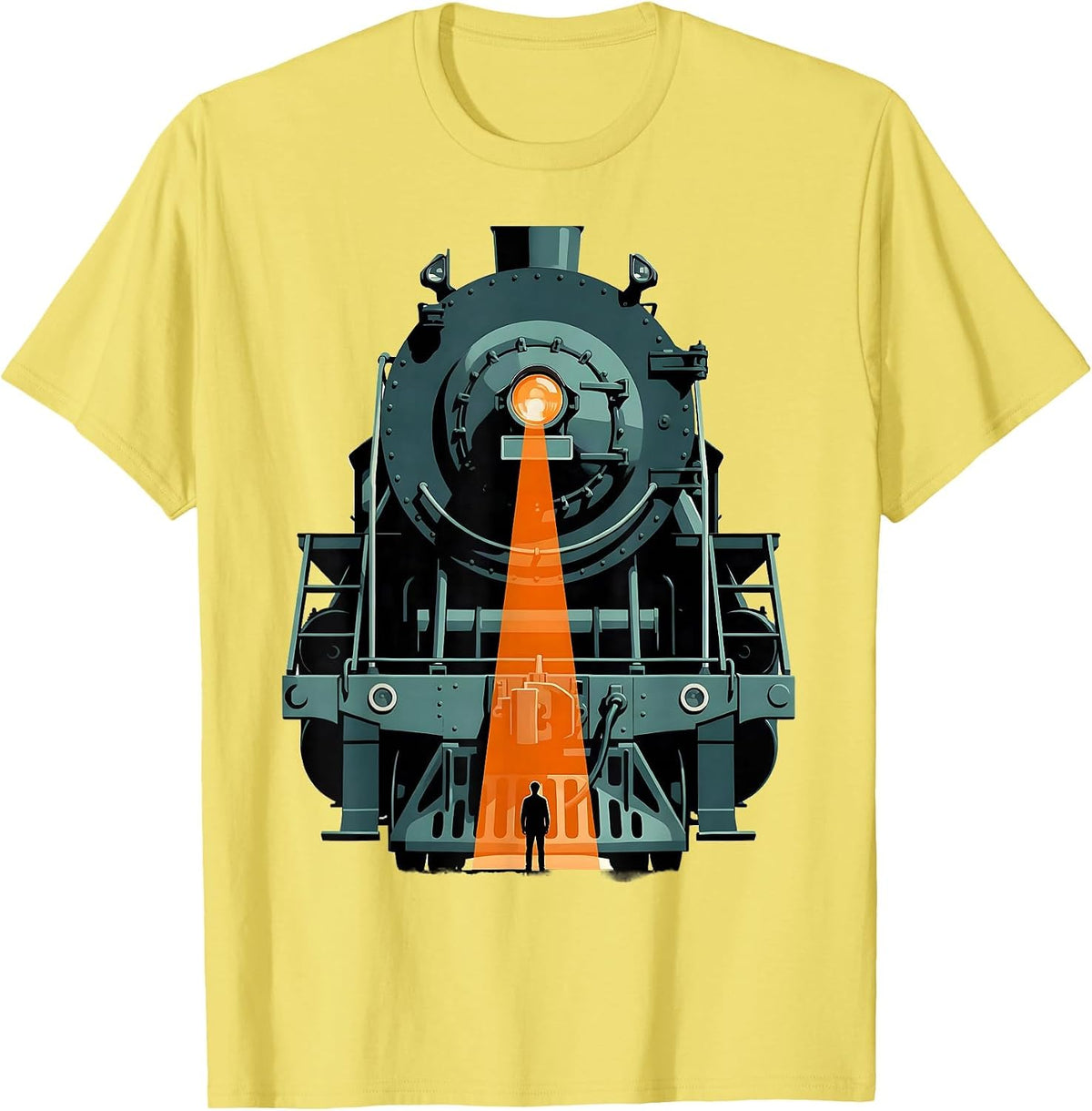 Men's Enormous Locomotive Front Train Enthusiast Deadpan Humor T-Shirt - Lemon Yellow