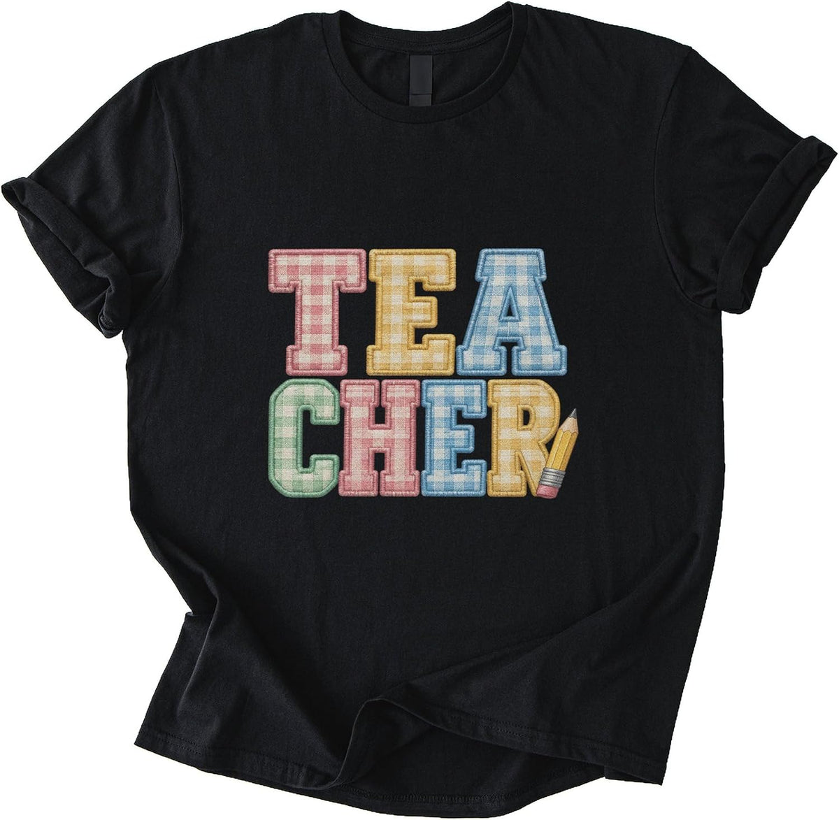 Amazon Bulk 28 05 Gingham Applique Teacher Tshirt Unisex T-Shirt - Black
