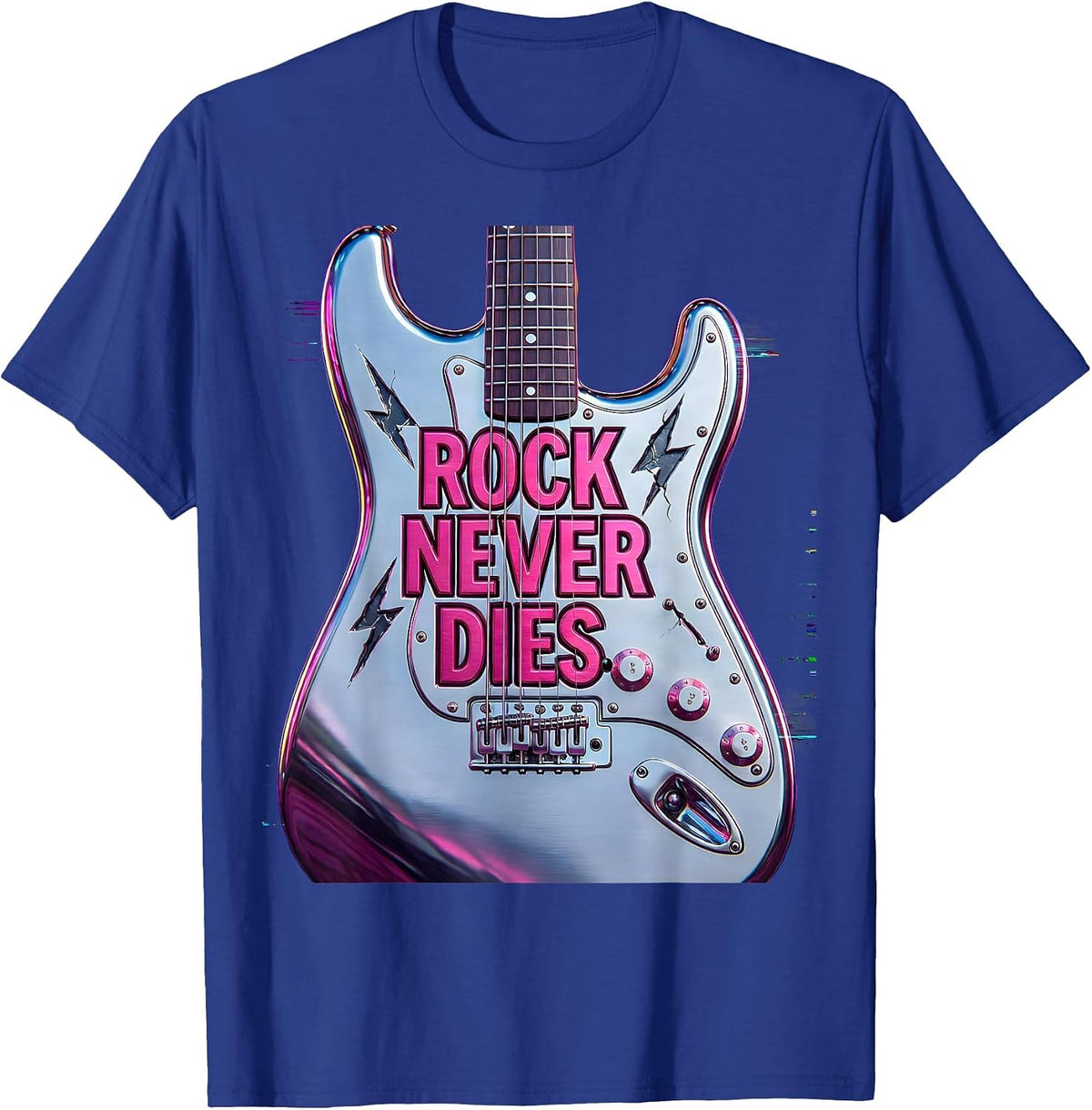 Rock Never Dies Bold Music Graphic Design T-Shirt - Royal Blue