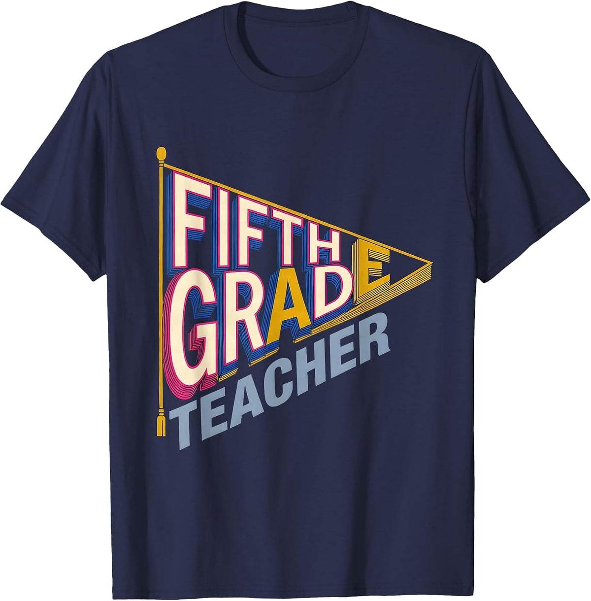 Men's Fifth Grade Teacher Screenprint Pennant Flag Back to School T-Shirt - Navy Blue