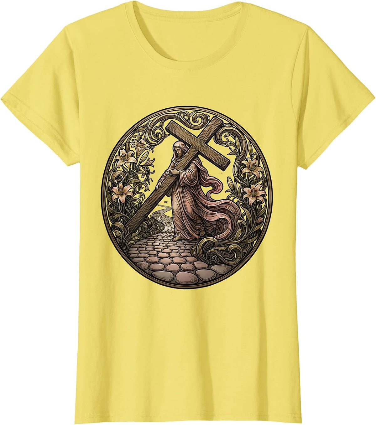 Jesus Carrying the Cross Cobblestone Road Art T-Shirt - Lemon Yellow