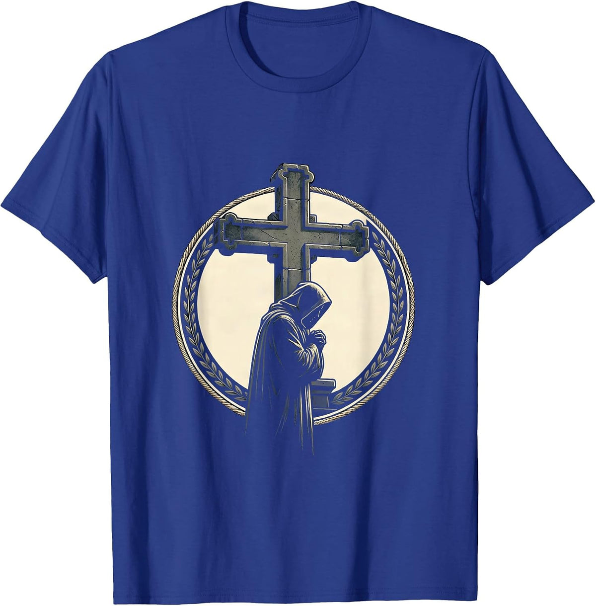 Hooded Figure Stone Cross Faith Graphic T-Shirt - Royal Blue