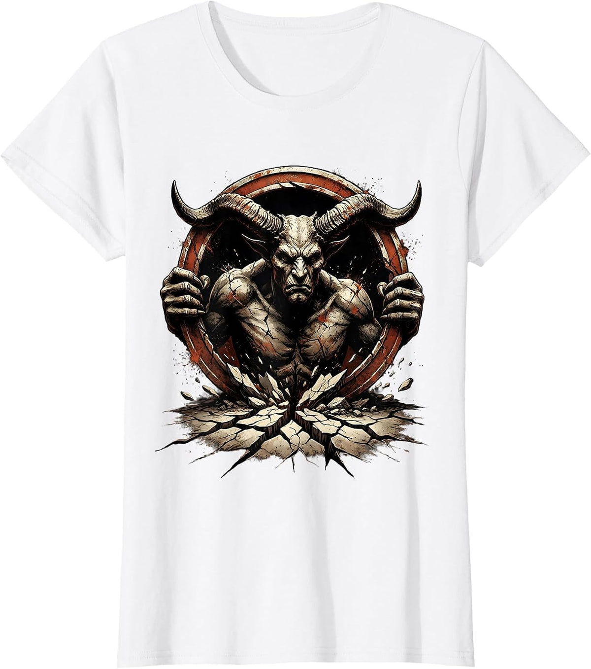Horned Demon Rising From Cracked Earth Design T-Shirt - White