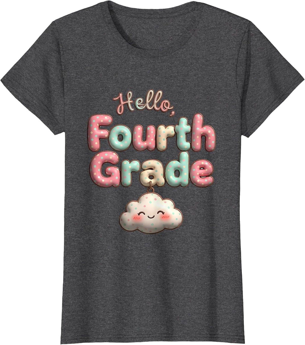Women's Hello, Fourth Grade Cute Kawaii Preppy Teacher Back T-Shirt - Dark Heather Grey