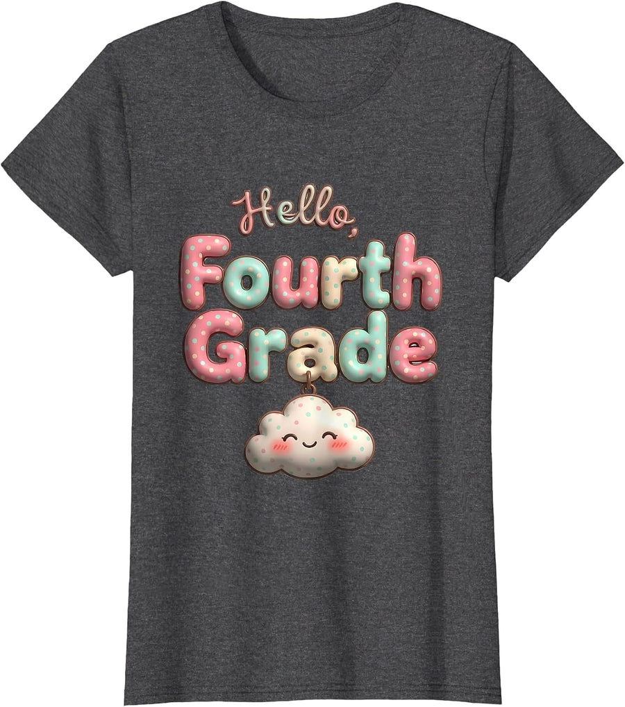 Women's Hello, Fourth Grade Cute Kawaii Preppy Teacher Back T-Shirt - Dark Heather Grey