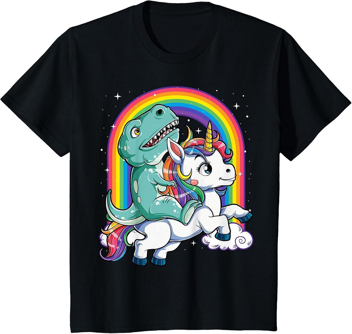 Dinosaur Riding Unicorn Funny T-rex Boys Men Rainbow Galaxy T-Shirt - Black