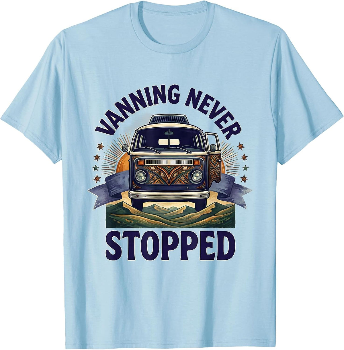 Men's Vanning Never Stopped Folk Art Van Life Retro Road Trip T-Shirt - Baby Blue