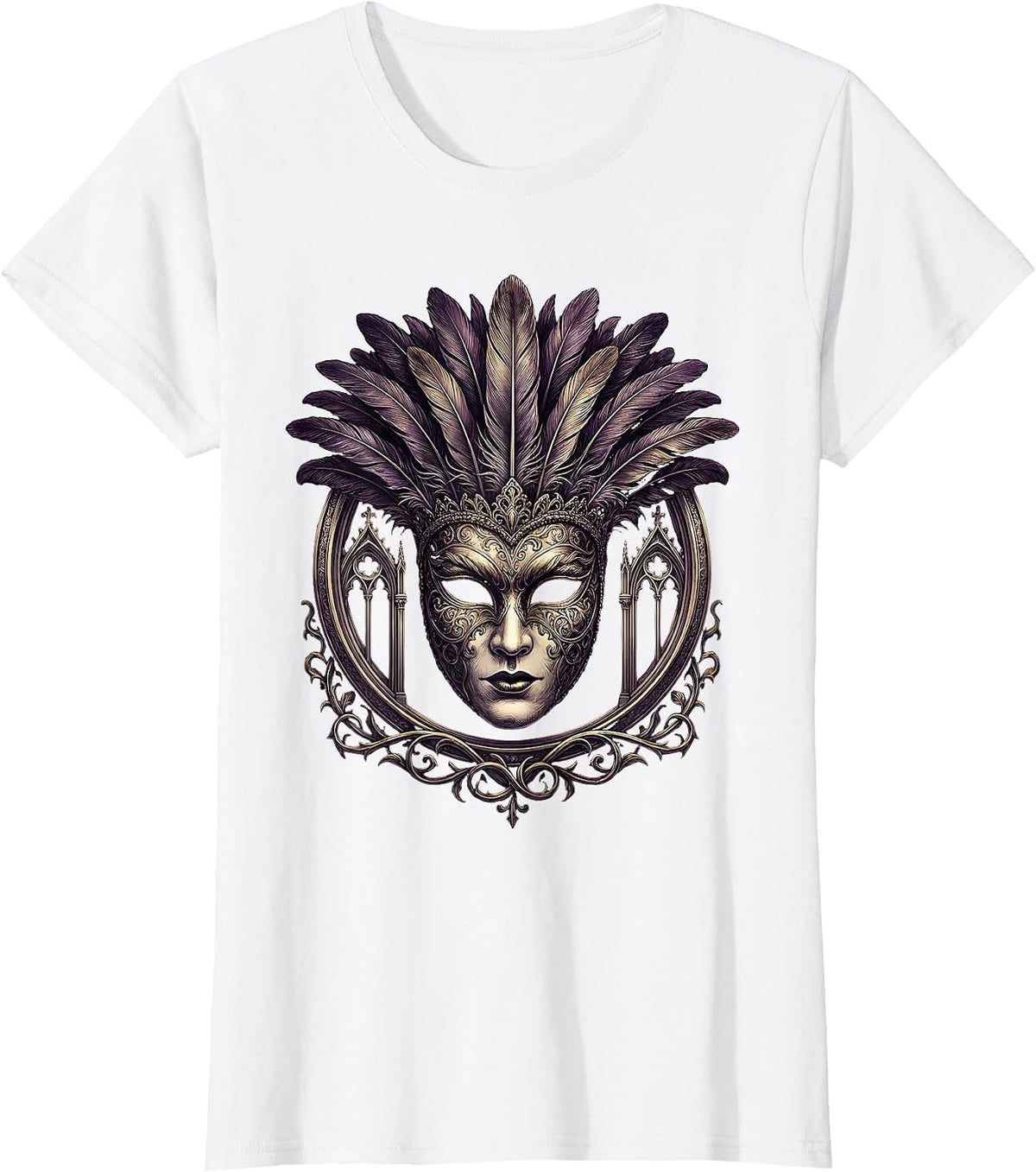 Mardi Gras Masked Beauty Feathered Headdress T-Shirt - White
