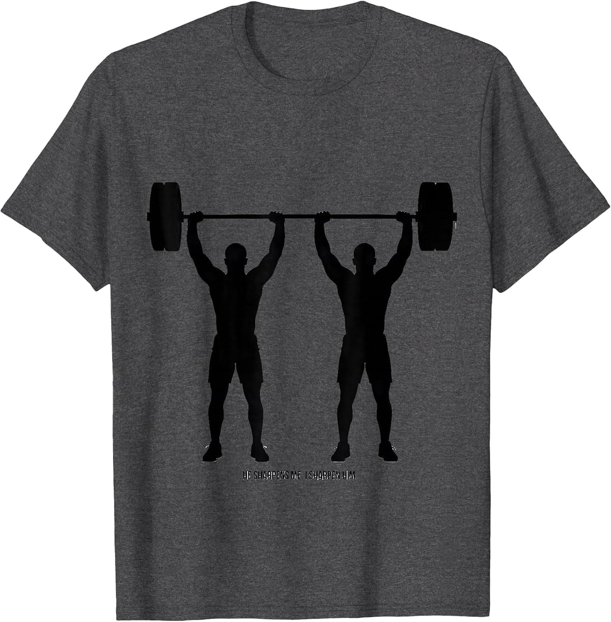 Men's He Sharpens Me I Sharpen Him Christian Gym Weightlifter T-Shirt - Dark Heather Grey