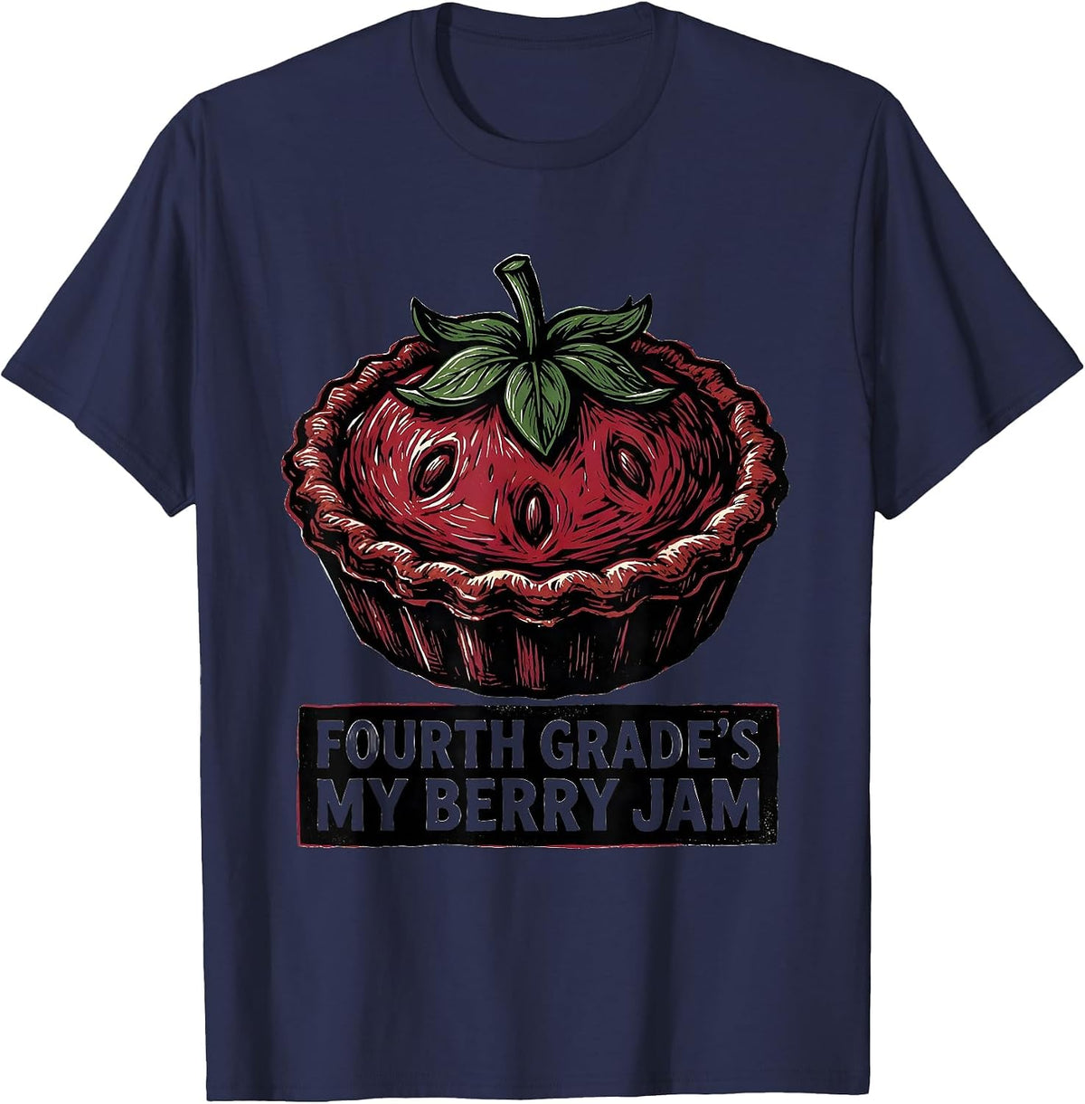 Men's Fourth Grade's My Berry Jam Linocut Strawberry Teacher Back T-Shirt - Navy Blue