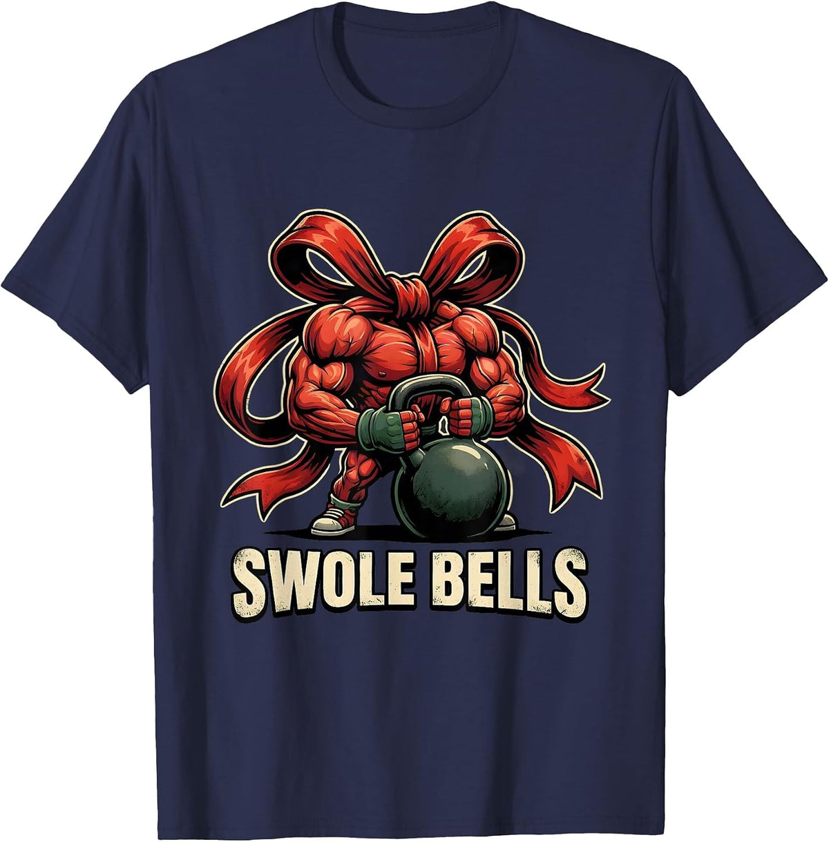 Men's Swole Bells Distressed Funny Christmas Gym Weightlifting T-Shirt - Navy Blue