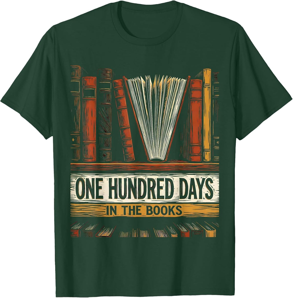 Men's One Hundred Days In The Books Linocut Reading Teacher 100th T-Shirt - Dark Green