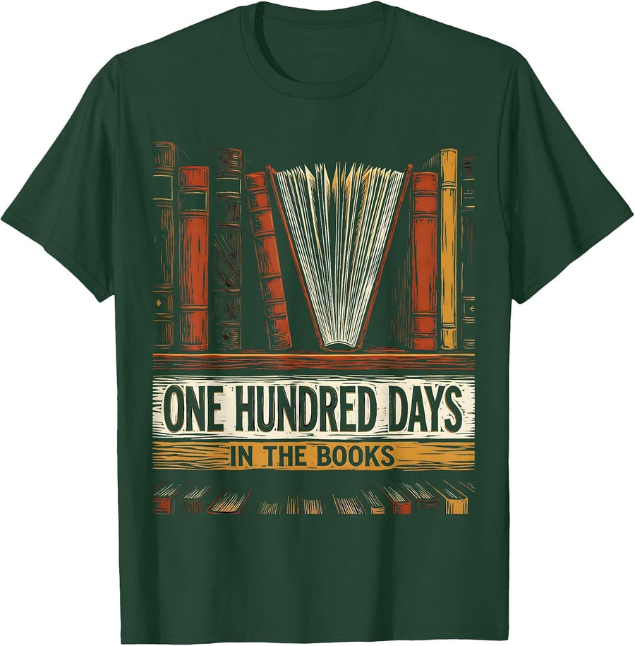 Men's One Hundred Days In The Books Linocut Reading Teacher 100th T-Shirt - Dark Green