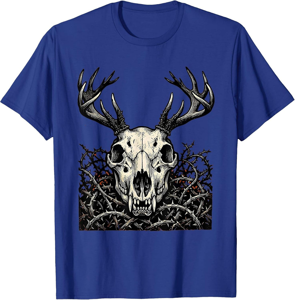 Wolf Skull Crowned Antlers and Thorns Halloween T-Shirt - Royal Blue