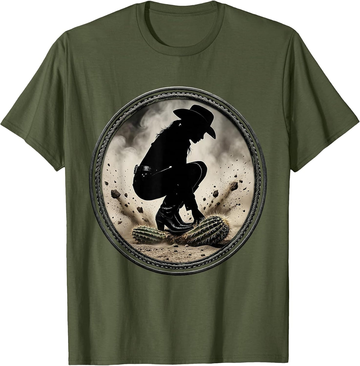 Cowgirl Boot Crushing Cactus Western Rodeo Graphic T-Shirt - Olive Green