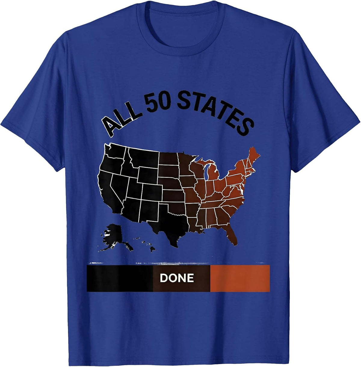 All 50 States, Done USA Travel Map Road Trip Souvenir T-Shirt - Royal Blue