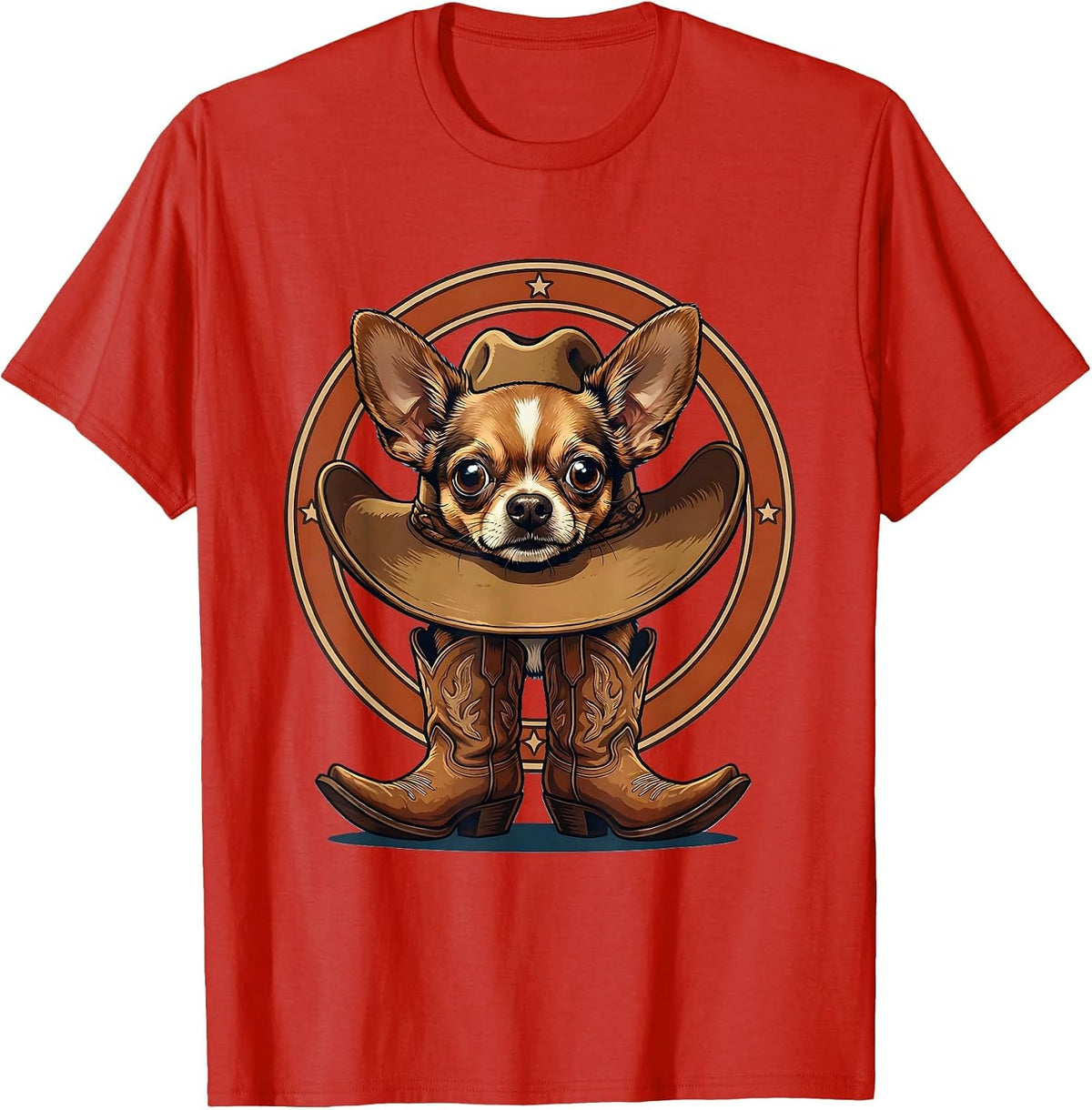 Men's Funny Chihuahua Cowboy Hat and Boots Illustration T-Shirt - Red