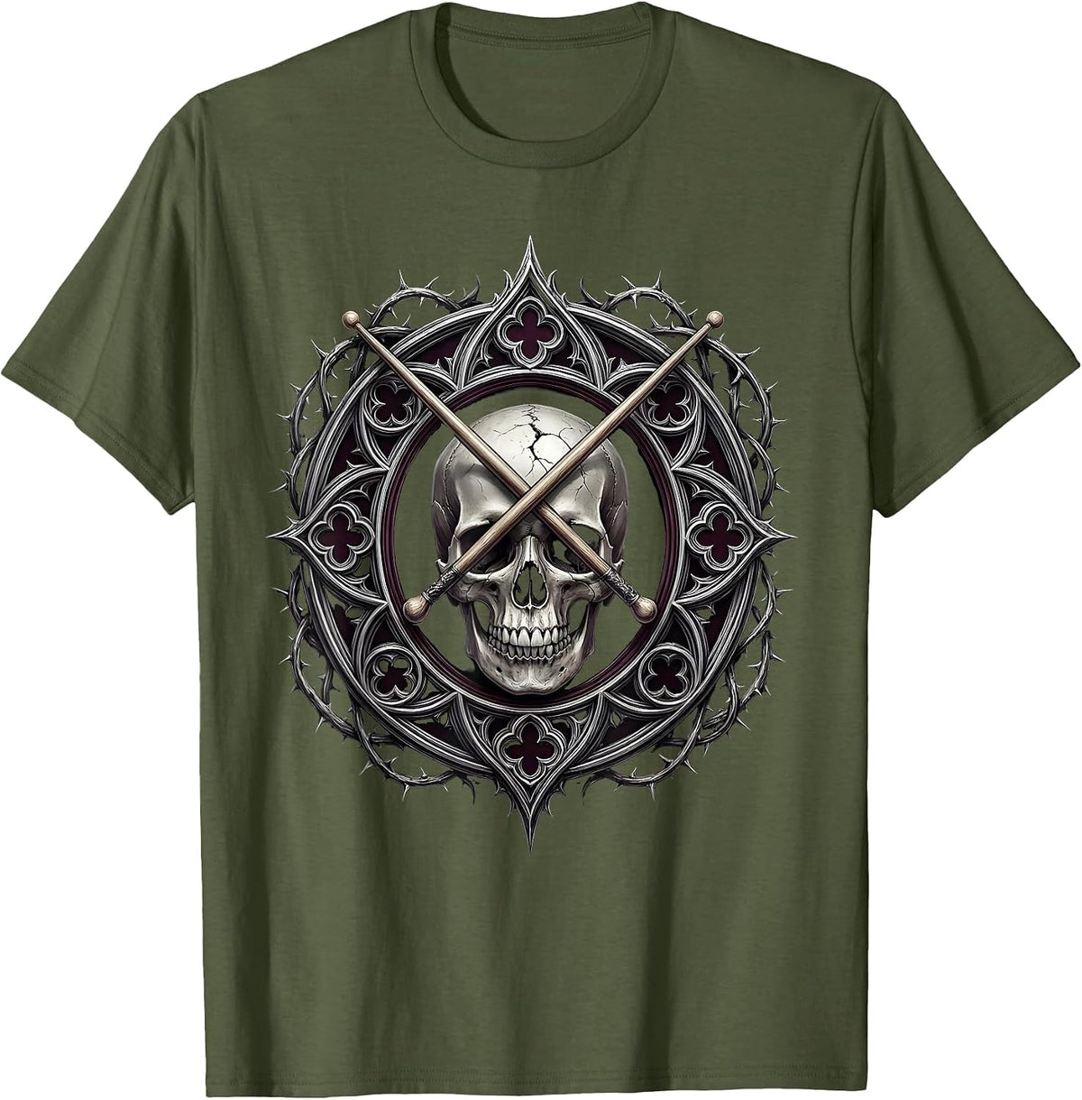 Men's Crossed Drumsticks Cracked Skull Vintage Rock Design T-Shirt - Olive Green