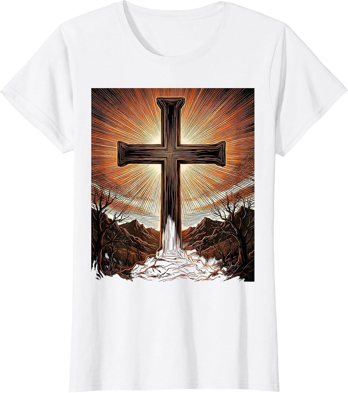 Cross Silhouette Fiery Sunset Sky Graphic T-Shirt - White