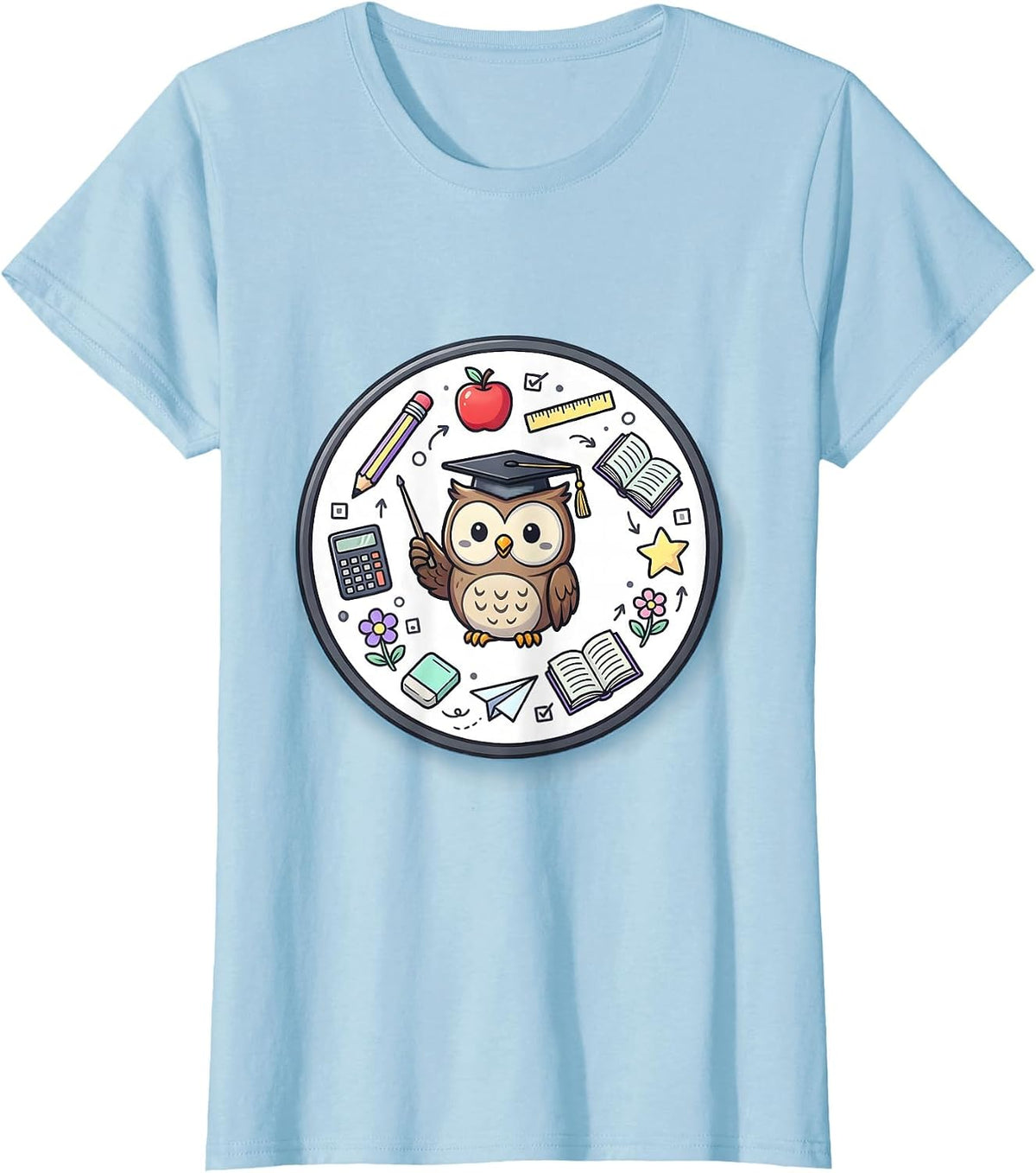 Women's 4th Grade Teacher Owl Graduation Cap Design T-Shirt - Baby Blue