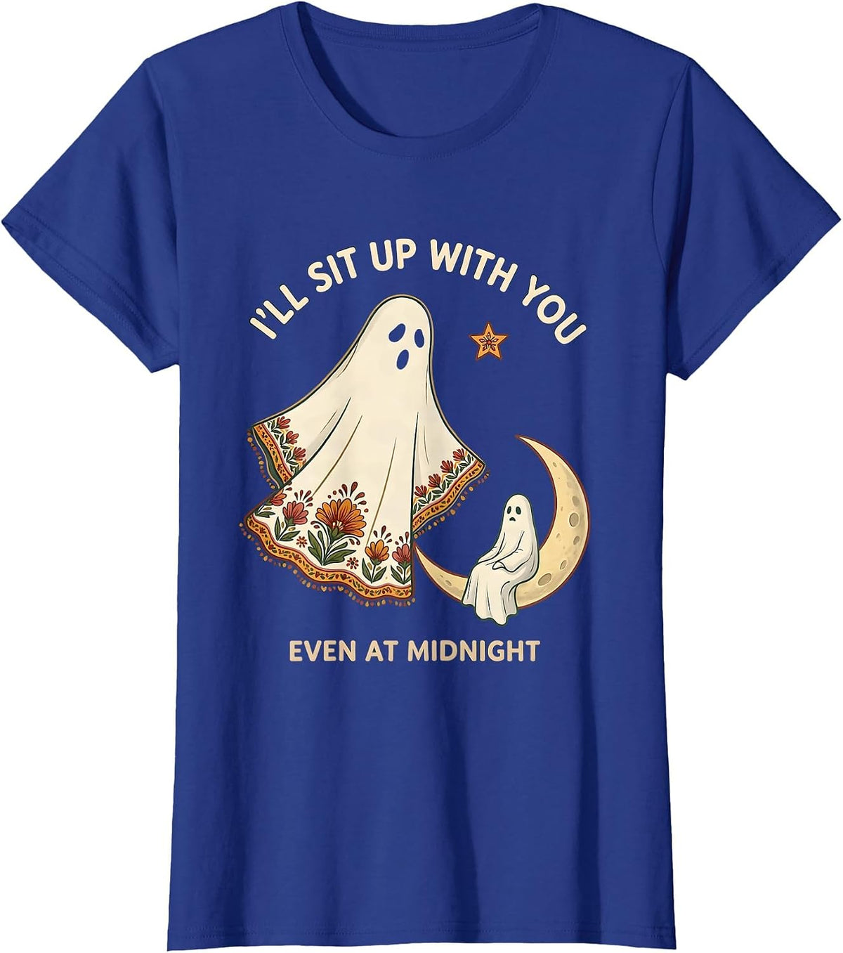 Women's I'll Sit Up With You, Even At Midnight Folk Art Ghost T-Shirt - Royal Blue
