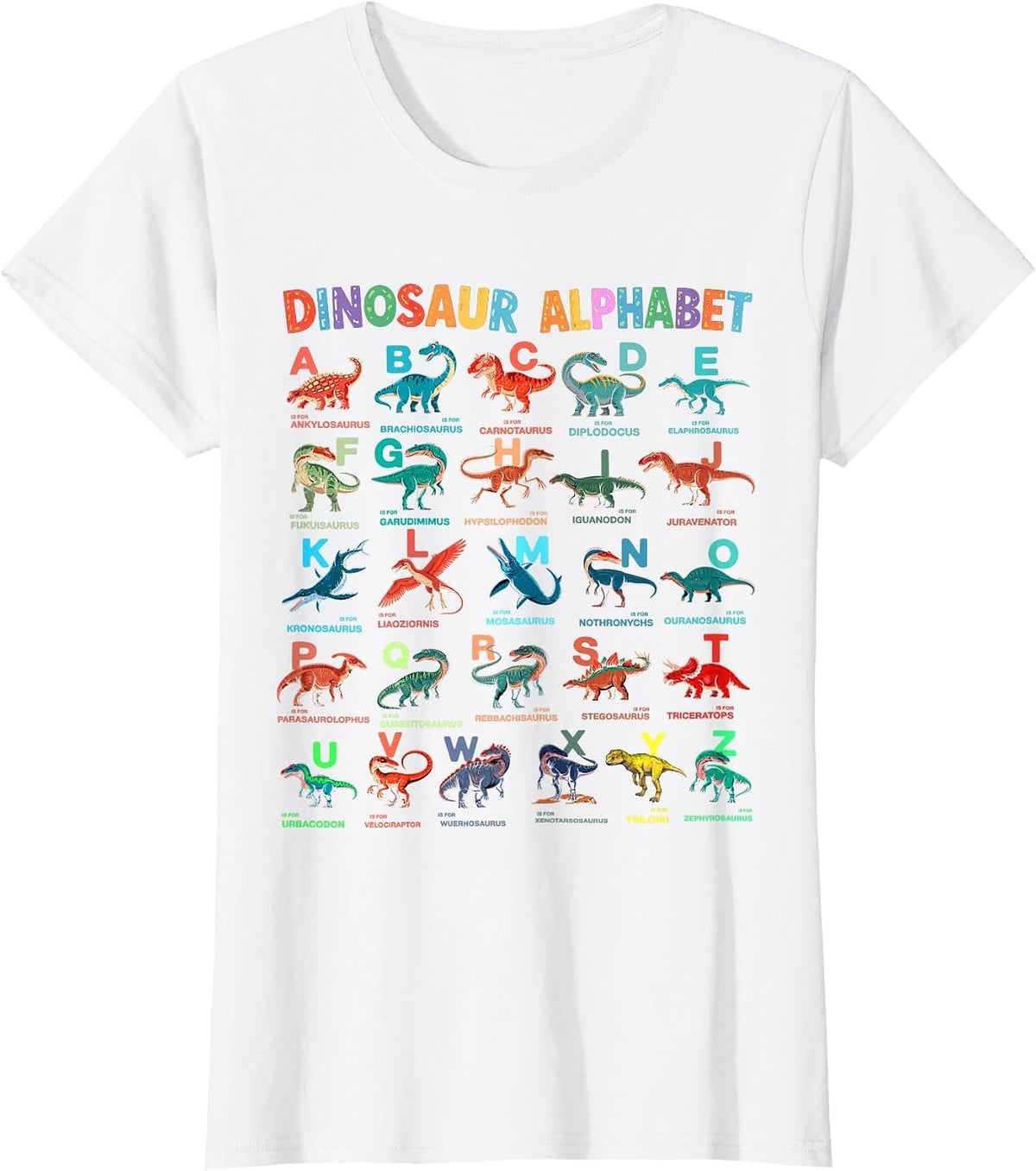 Types of Dinosaurs Alphabet A-Z ABC Dino Identification Kids T-Shirt - White