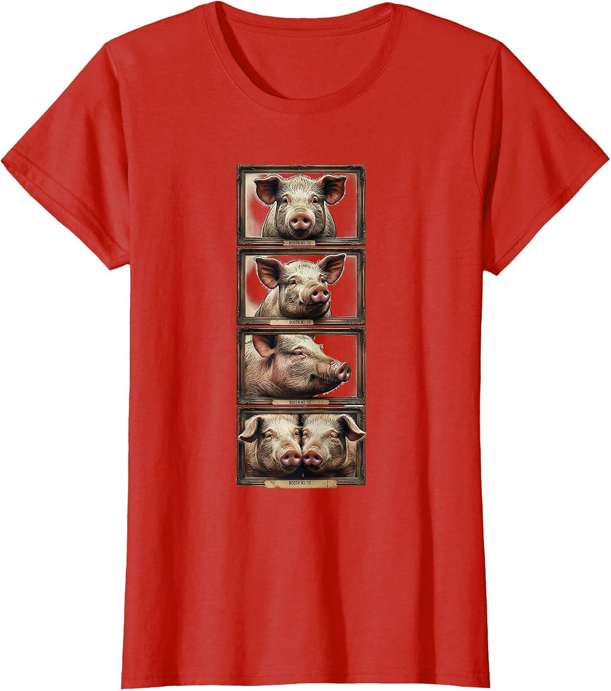 Women's BOOTH NO. 10 Vintage Pig Photobooth Funny Animal Lover T-Shirt - Red