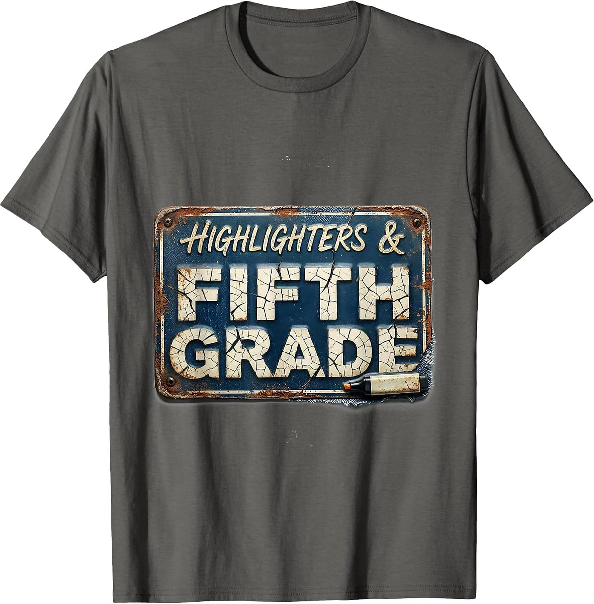 Highlighters & Fifth Grade Distressed Retro Teacher Girl T-Shirt - Asphalt Grey
