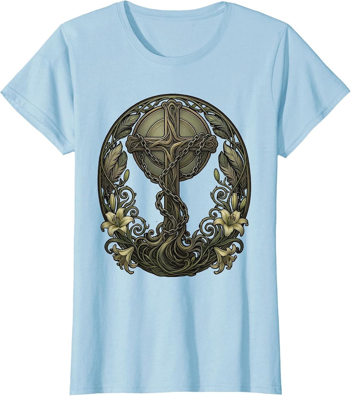 Broken Chains Falling Cross Christian Faith Design T-Shirt - Baby Blue