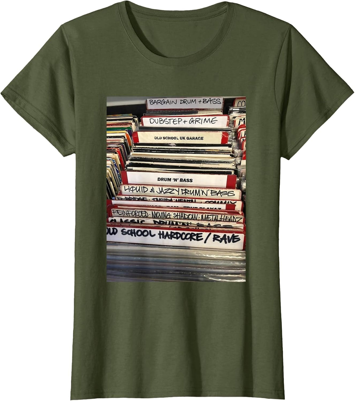 Vinyl DnB Drum N Bass Liquid Junglist Rave Dubstep Grime T-Shirt - Olive Green