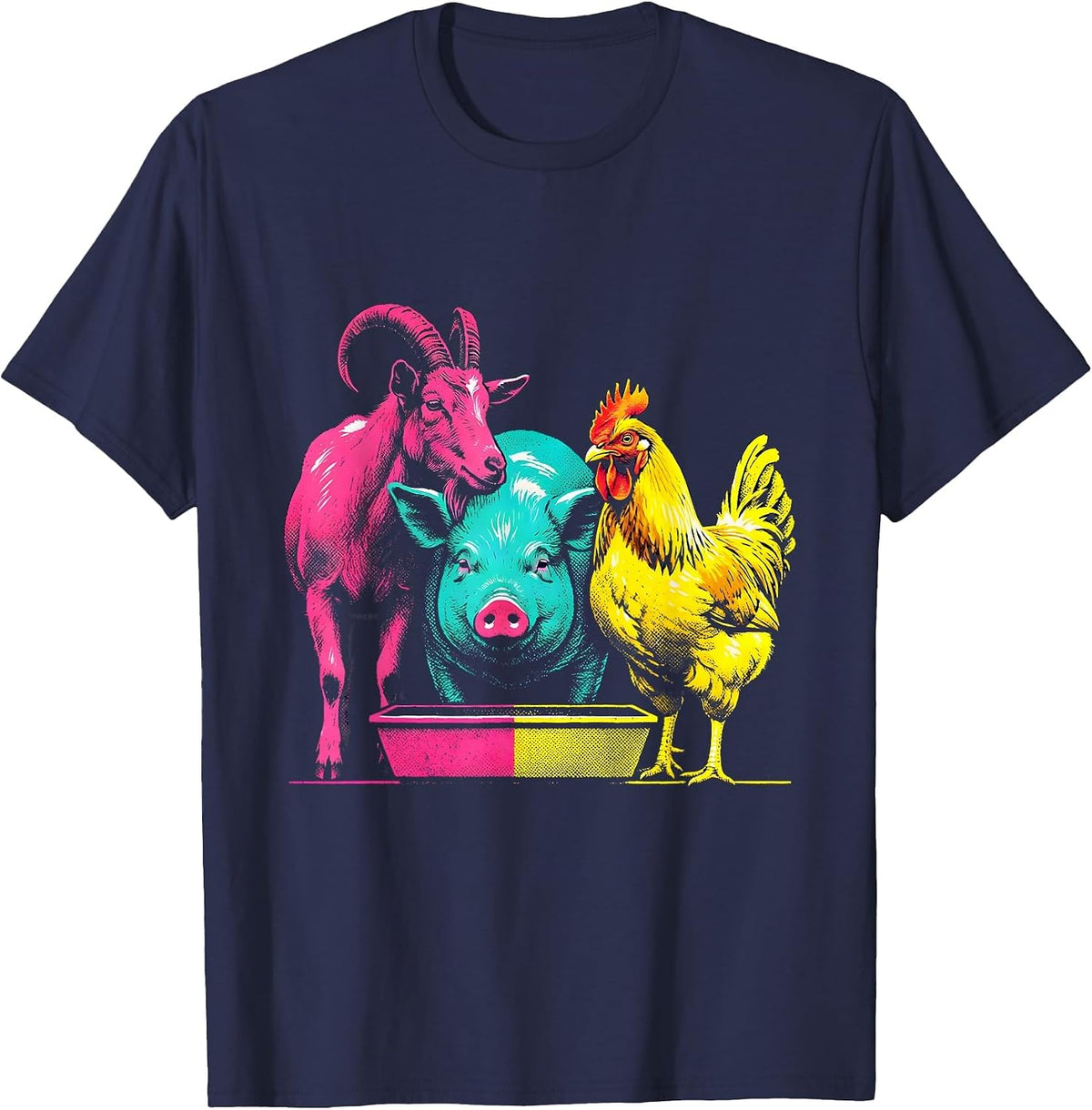 Men's Interlocked Goat Pig Chicken Risograph Farm Animal Humor T-Shirt - Navy Blue