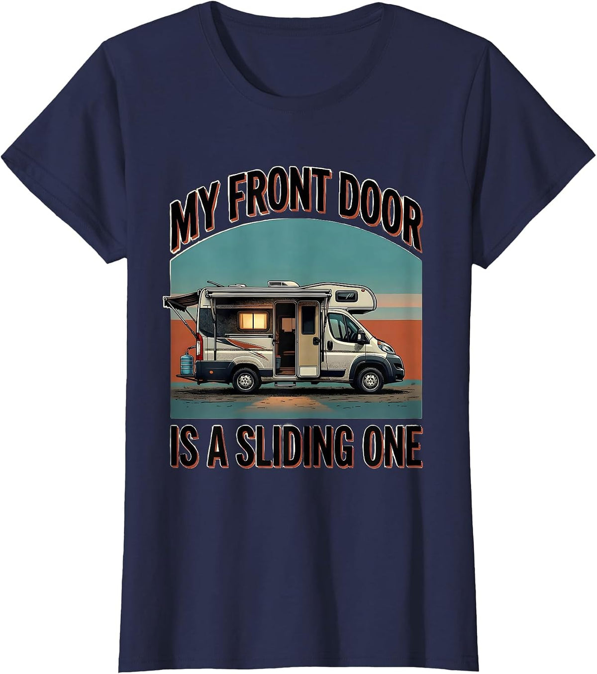 Women's My Front Door Is A Sliding One Retro Van Life Road Trip T-Shirt - Navy Blue