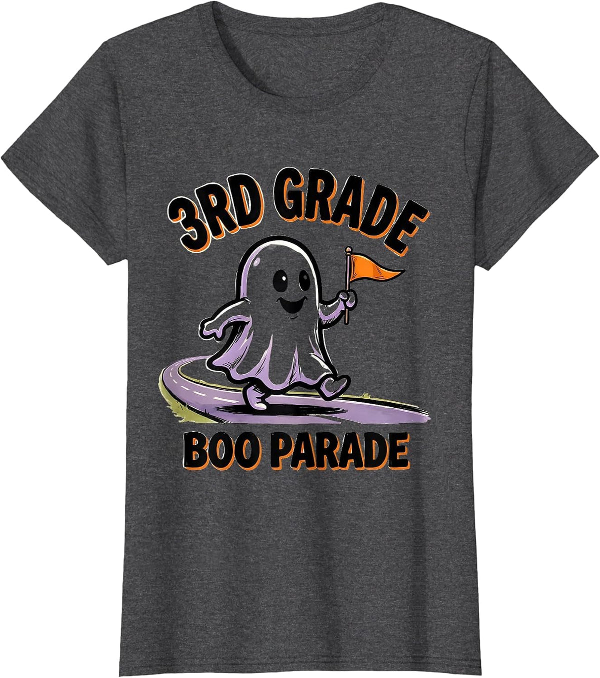 Women's 3rd Grade Boo Parade Cartoon Ghost Halloween Teacher Humor T-Shirt - Dark Heather Grey