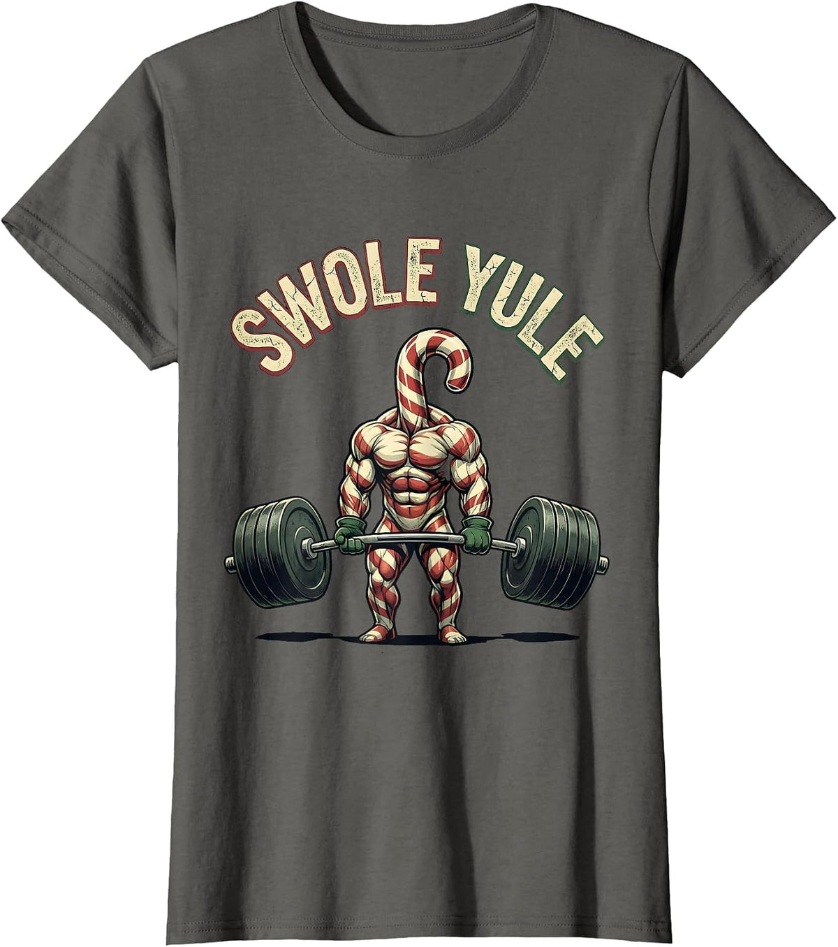 Women's Swole Yule Distressed Funny Christmas Gym Weightlifting T-Shirt - Asphalt Grey