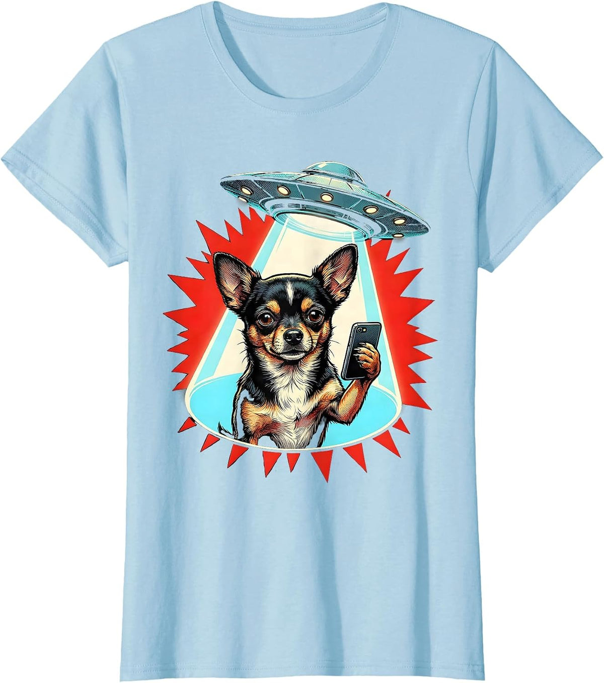 Chihuahua UFO Pop Art Dog Lover Humor T-Shirt - Baby Blue