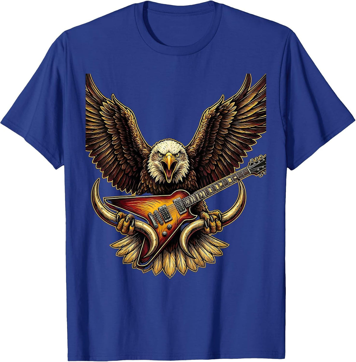 Eagle Clutching Flying V Guitar Rock Music Graphic T-Shirt - Royal Blue