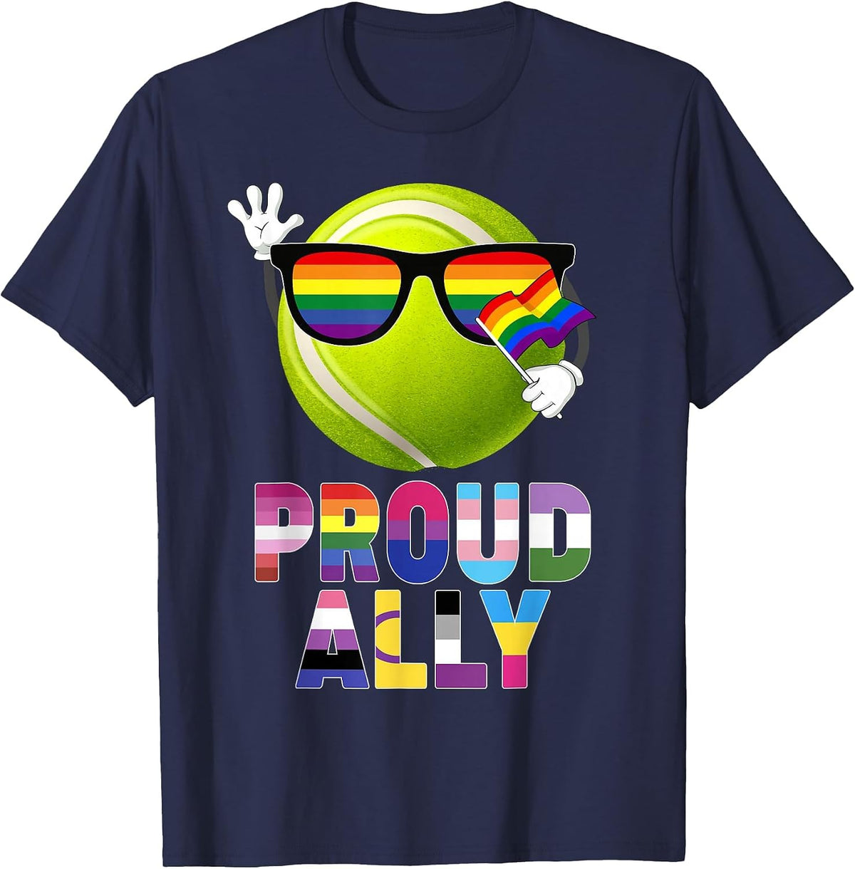 Proud Ally Tennis Ball Rainbow Flag Gay Lesbian LGBT Pride T-Shirt - Navy Blue