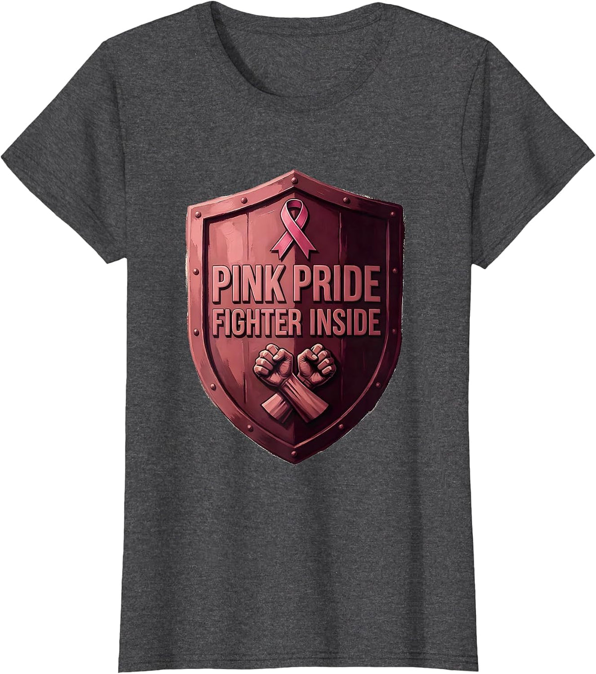 Women's Pink Pride Fighter Breast Cancer Awareness Design T-Shirt - Dark Heather Grey
