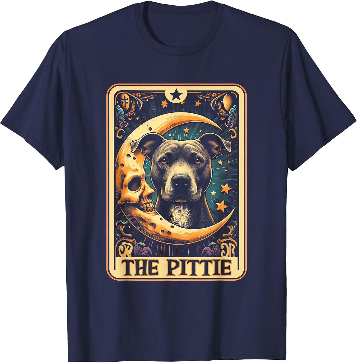 Tarot Card Crescent Moon Pit Bull Dog Pittie Mom Halloween T-Shirt Tee - Navy Blue