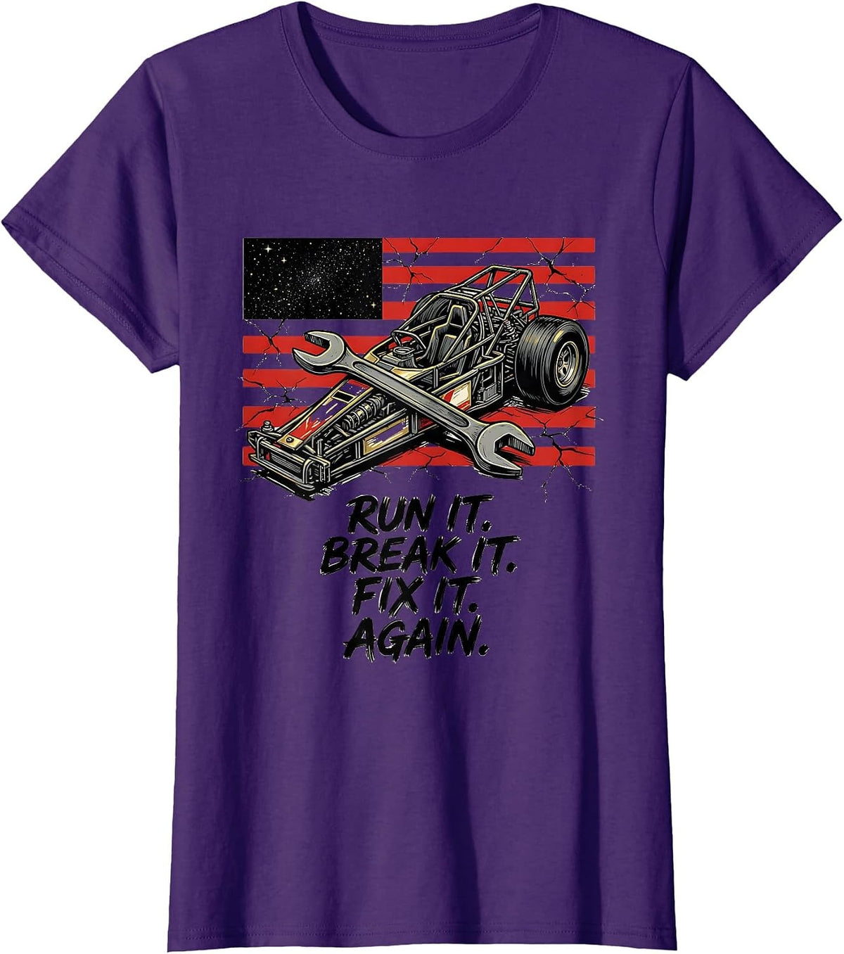 Women's Run It Break It Fix It Again RC Drag Racing American Flag T-Shirt - Purple