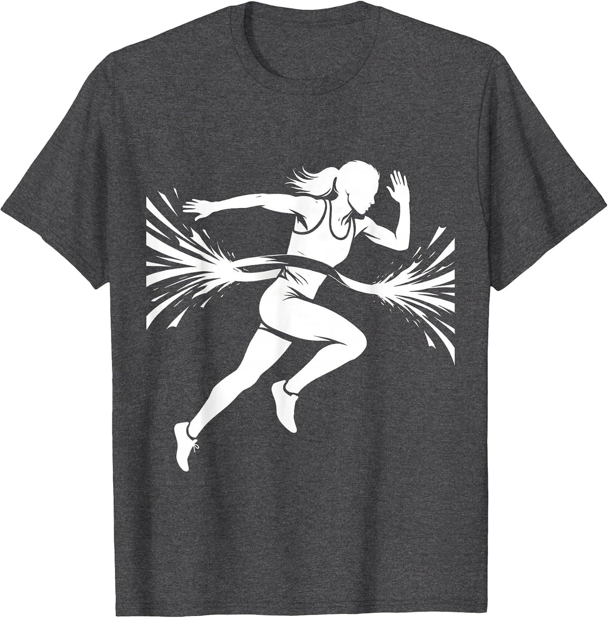 Woman Sprinter Bursting Through Finish Line T-Shirt - Dark Heather Grey