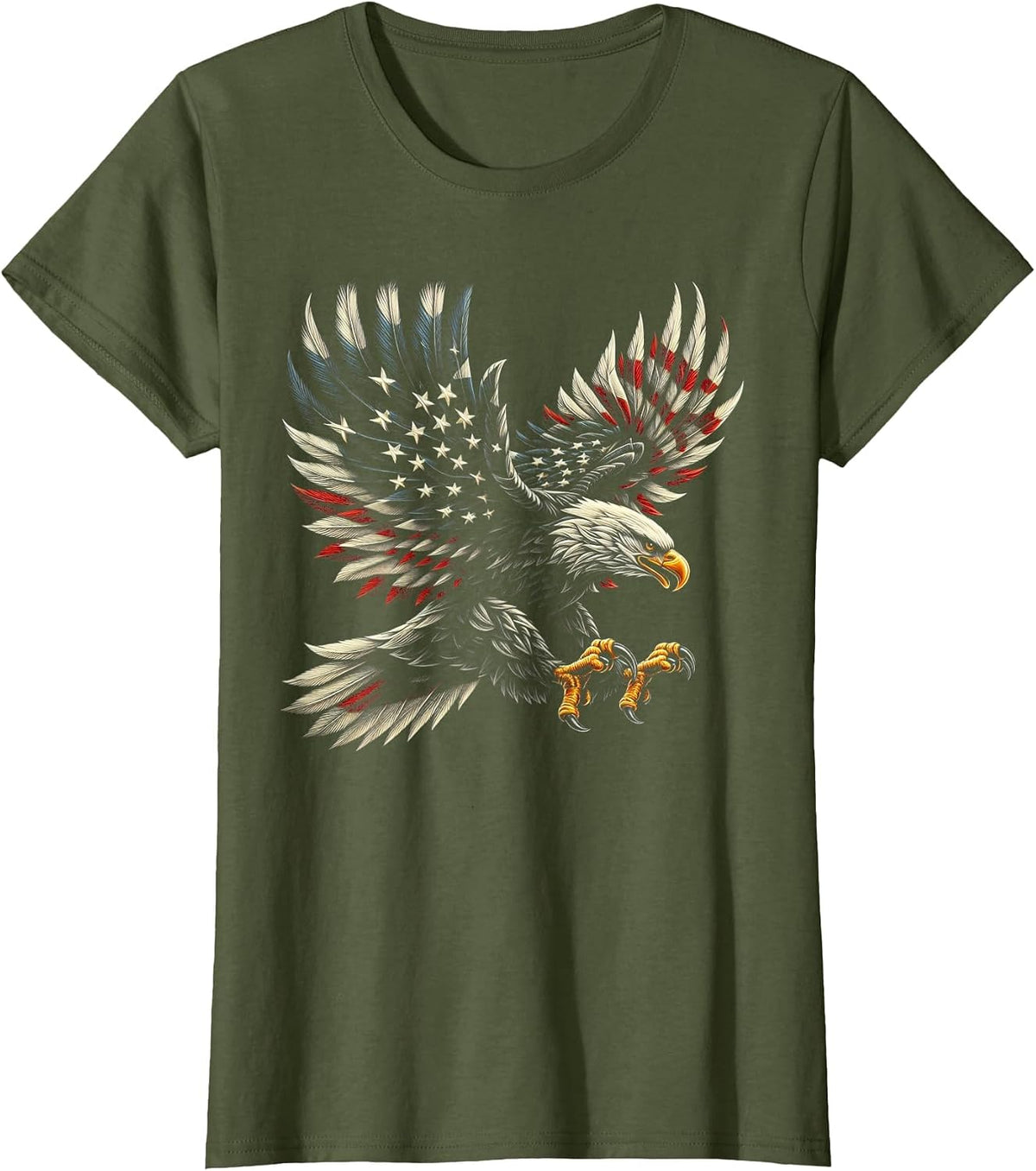Patriotic American with Eagle and USA Flag T-Shirt - Olive Green