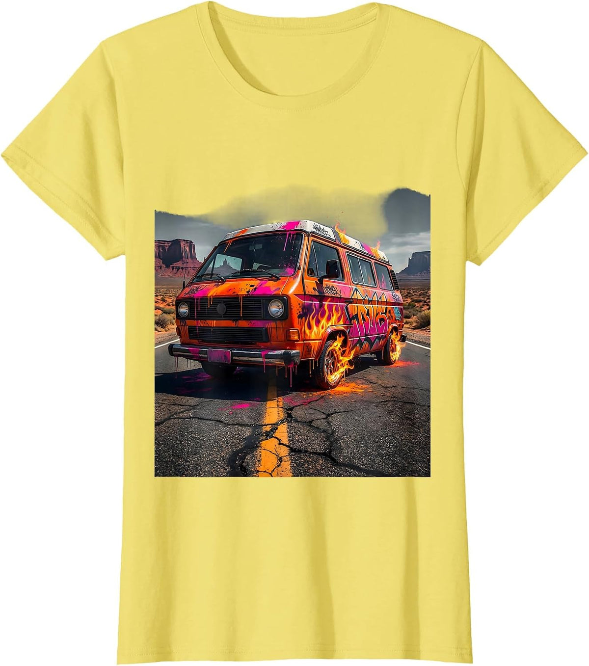 Vintage Touring Van Open Highway Graphic T-Shirt - Lemon Yellow