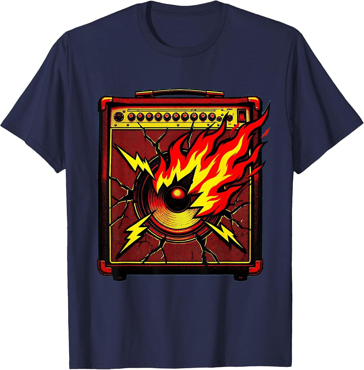 Cracked Amp Flames Rock Music Graphic Tee T-Shirt - Navy Blue