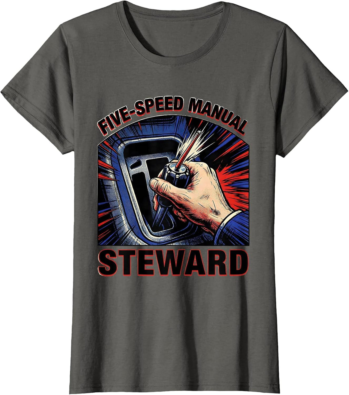 Women's Five-Speed Manual Steward Comic Car Guy Mechanic Stick Shift T-Shirt - Asphalt Grey