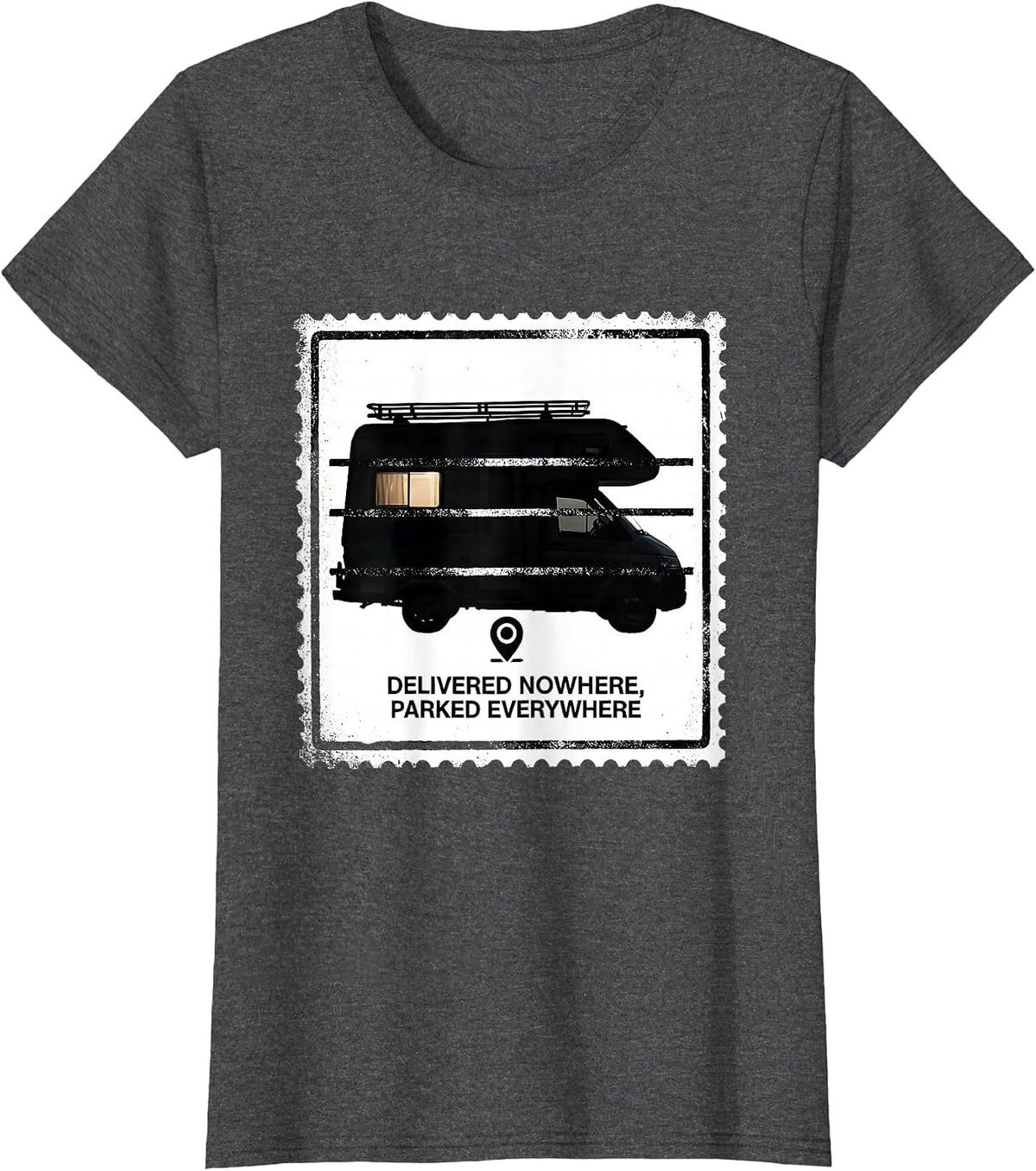 Women's Delivered Nowhere, Parked Everywhere Retro Van Life Van T-Shirt - Dark Heather Grey